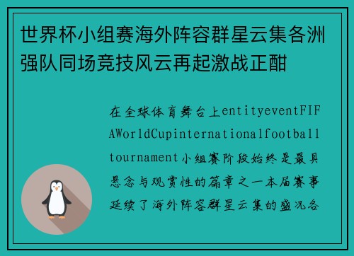 世界杯小组赛海外阵容群星云集各洲强队同场竞技风云再起激战正酣