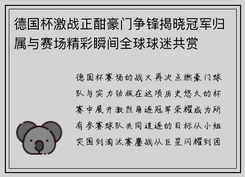 德国杯激战正酣豪门争锋揭晓冠军归属与赛场精彩瞬间全球球迷共赏