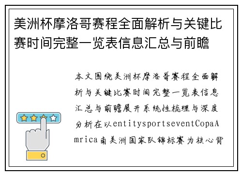 美洲杯摩洛哥赛程全面解析与关键比赛时间完整一览表信息汇总与前瞻